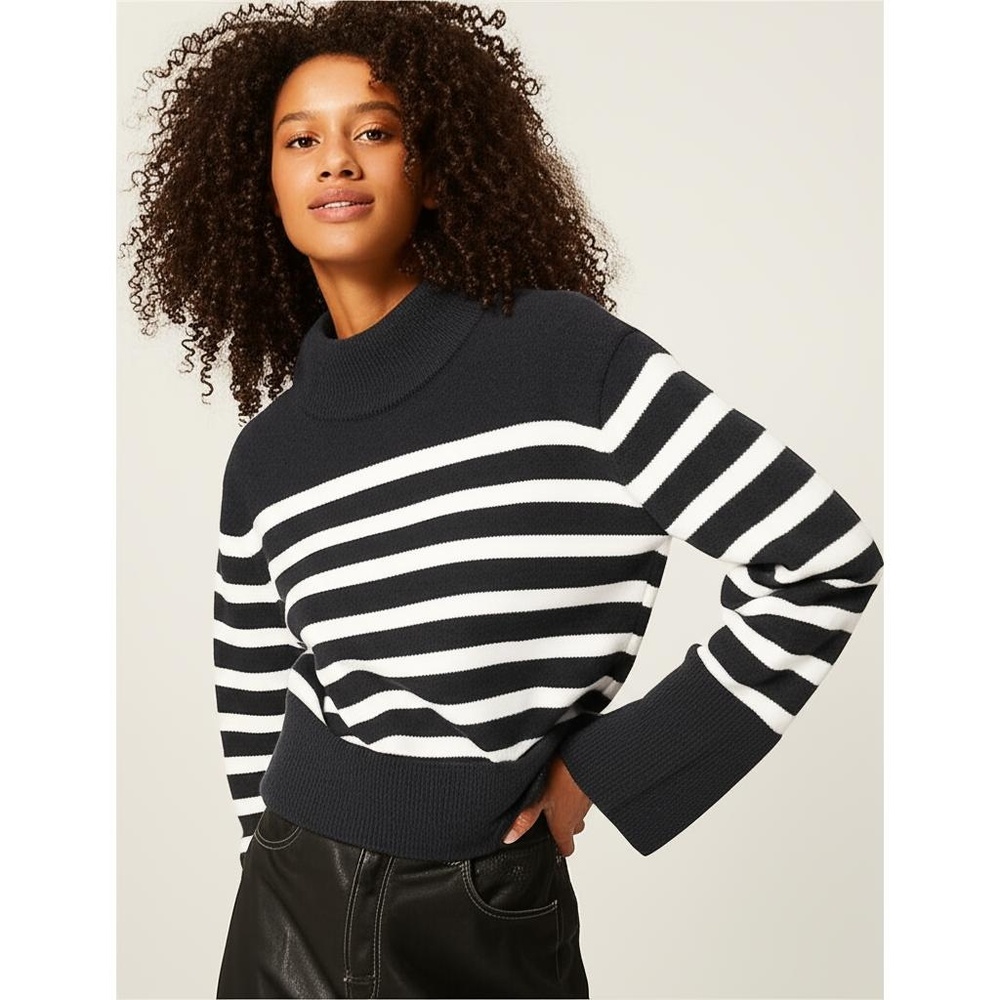 NWT J Crew Womens XL Black White Stripe Cropped Crewneck Sweater Ribbed Cozy